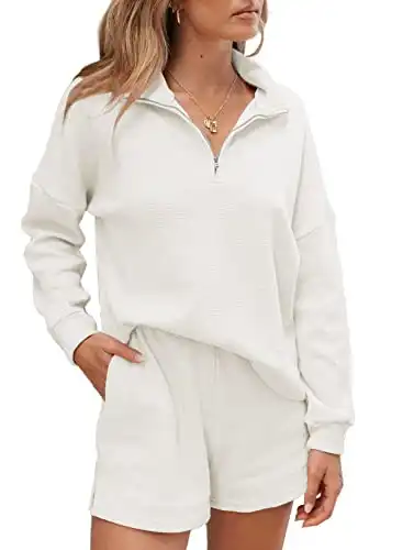 Aleumdr Women 2 Piece Lounge Set Fall Outfits Sweatsuit Zip Up Sweatshirt Loungewear Shorts 2024 Casual Cozy Matching Tracksuit Set White Large