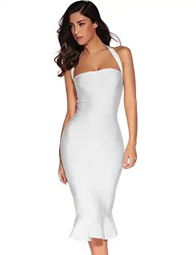 Womens Halter Fishtail Bandage Party Dress Elegant Wedding Guest Dress(White,M)