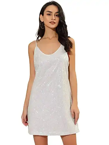 Allegra K Women's Glitter Sequin Dress V Neck Spaghetti Strap Christmas Mini Party Dress Clubwear Large White (with Pinks)