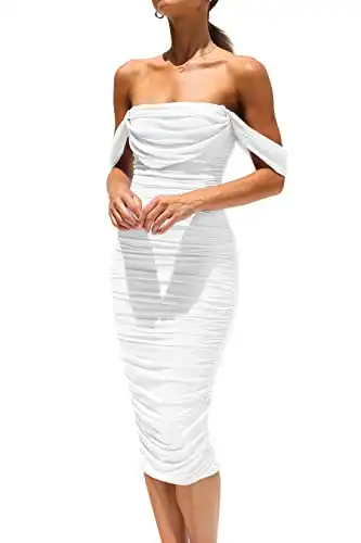 PRETTYGARDEN Women's Summer Off The Shoulder Ruched Bodycon Dresses Sleeveless Fitted Party Club Midi Dress (White,Medium)