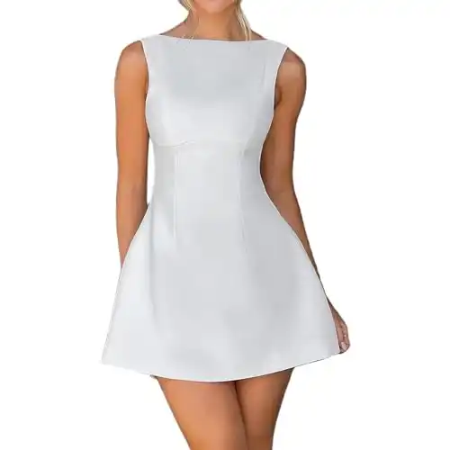 ABYOVRT Women Sexy Backless Mini Dress Sleeveless Open Back A Line Tank Dress Formal College Graduation Dress (White,L)