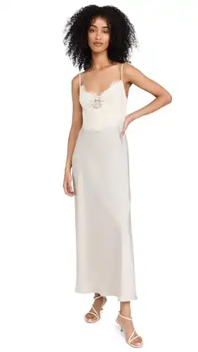 WAYF Women's Lace Trim Slip Dress, Pewter, Off White, XL