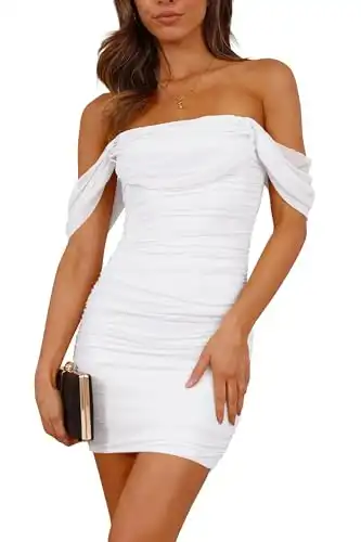 PRETTYGARDEN Women's Off Shoulder Short Dress Summer Sleeveless Tube Ruched Bodycon Party Mini Dress (White,Medium)