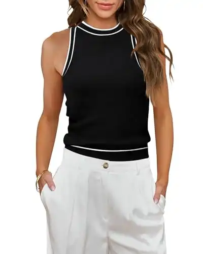 MIHOLL Women's Ribbed Cropped Tank Tops Slim Fit Halter Color Block Racerback Tank Cute Sleeveless Cami Shirts(Black,Small)