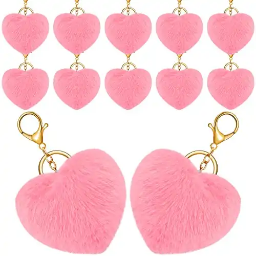 12 Pieces Pom Poms Keychains Fluffy Heart Shape