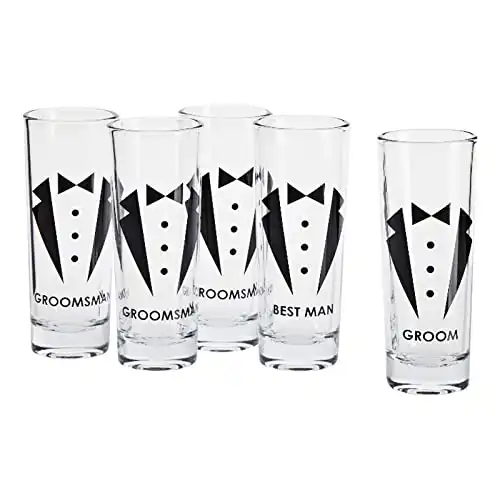 Set of 5 Groomsmen Shot Glasses with Tuxedos for Bachelor Party Decorations and Favors or Groomsmen Gifts, Wedding Shot Glasses, Heavy Base for Tequila, Whiskey, Vodka (2 oz Each)