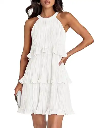 ZESICA Women's 2024 Summer Halter Dresses Sleeveless Ruffle Tiered Layered Chiffon Pleated A Line Swing Mini Dress,White,Small