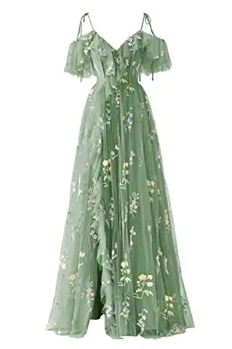 Basgute Women's Tulle Green Prom Dresses Long Fairy Flower Embroidery Spaghetti Strap Slit Cold Shoulder V Neck Formal Evening Party Gowns with Pockets US2