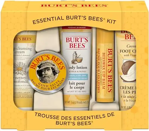 Burt's Bees Christmas Gifts, 5 Stocking Stuffers Products, Everyday Essentials Set - Original Beeswax Lip Balm, Deep Cleansing Cream, Hand Salve, Body Lotion & Coconut Foot Cream, Travel Size