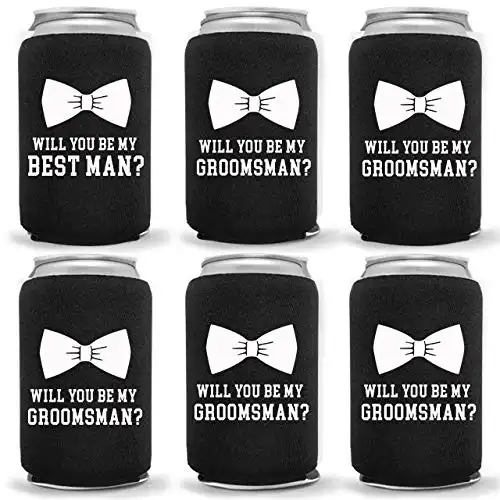 Cool Coast Products - Wedding Coolies | Groomsman Best Man Chug to Accept Black | 6 Pack | Funny Novelty Neoprene Hugger | Beer Holder | Bachelor Gifts | Quality Can Cooler (6 Pack)