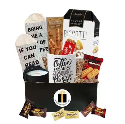 Coffee Basket - Bistro Coffee Mug, Socks, Gourmet Coffee Snacks - Coffee Gift Baskets - Coffee Gifts For Coffee Lovers - Perfect For Him, Her, Women, Men! (Coffee & Snacks Deluxe Set)