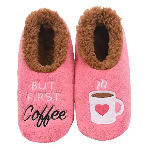 Snoozies Pairable Slipper Socks | House Slippers for Women, Fuzzy Slipper Socks | With Unique Designs, Non Slip Socks - But First Coffee - Small