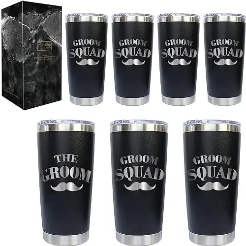 PartyGifts&beyond 7Packs Groomsmen Gifts Tumbler and Groom Squad Cups 20 OZ Stainless Steel Tumbler with Lid and Straw Groom Cups for Wedding and Bachelor Party Gift(Groom Squad)