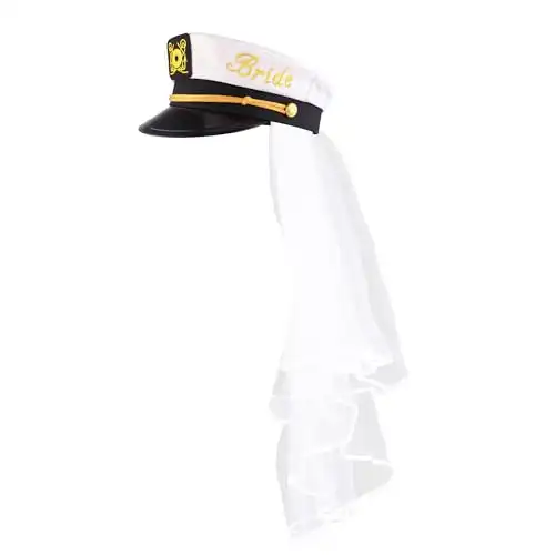 Bachelorette Party Captain's Hat - Cute Bride to Be Nautical Bachelorette Hat | Fun Bridal Shower Accessories Decor Wedding (With Veil)