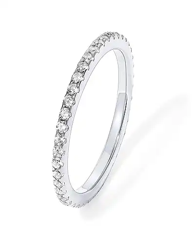 PAVOI Rhodium Plated 925 Sterling Silver Stackable CZ Ring for Women | Thin Band for Stacking | Simulated Diamond Eternity Wedding Band | Size 6.5