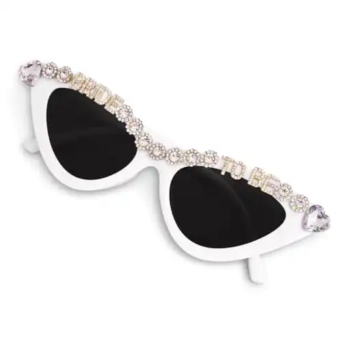 xo, Fetti Bachelorette Party Bride To Be Sunglasses | White Cat Eye Bedazzled Bach Decoration, Bridesmaid Sunnies Favor, Bride to Be Gift + Bridal Shower Supplies