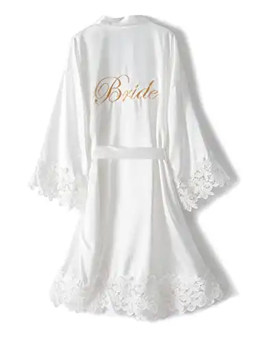 Crystal Dew Women's Lace Trim Bride Kimono Robes with Embroidery Bridal Silky Satin Bathrobe Wedding Party Sleepwear