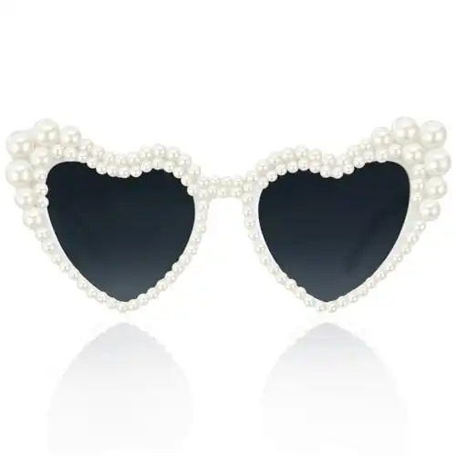 Goenb Pearl Sunglasses for Women, Pearl Glasses Vintage Love Heart Shaped Sunglasses for Women Girls Adults Dress up Party