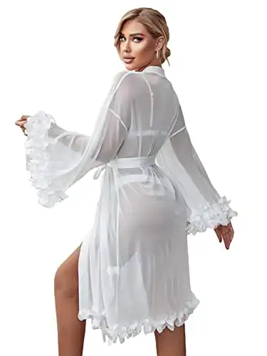 OYOANGLE Women's Sheer Mesh Appliques Trumpet Floral Sleeve Belted Sleep Robe Bridal Wedding Lingerie White Floral Sleeve S