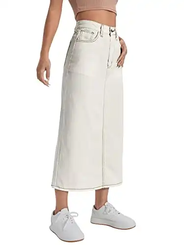 SweatyRocks Women's High Waist Split Hem Midi Denim Skirt Straight Hem Jean Skirts with Pockets Beige L