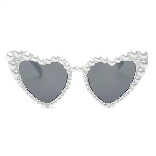 COTIA Luxury Fine Shimmering Love Pearl Sun Glasses Women Heart Glasses Casual Bling Sunglasses (white)