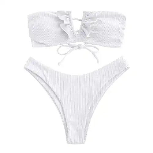 ZAFUL Women's Strapless Ribbed V Wired Lace Up Ruffle Tie High Cut Bandeau Swimsuits Bikini Set(0-White, M)