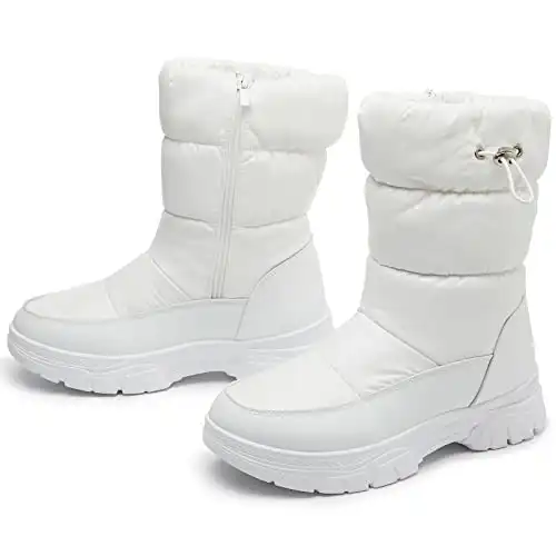 POVOGER Womens Winter Boots Snow Boots For Women Black Mid Calf Platform Boots Warm Fur Fashion Slip On Boots(White,US11)