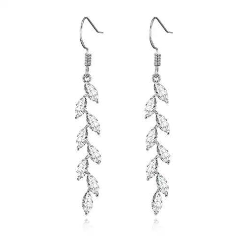 925 Silver Dangle Earrings for Women Olive Leaves Crystal Dangle Earrings for Wedding Sparkly Prom Party