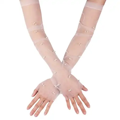 LUTER 2pcs Pearl Gloves, 18inch Pearl Gloves Fingerless Tulle Gloves for Women Tulle Long Gloves Bridal Gloves for Opera Halloween Costume Party Dance (White)
