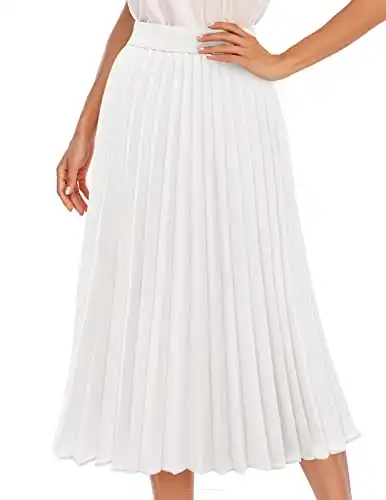 DRESSTELLS Pleated Midi Skirts for Women, White Long High Waisted Chiffon Skirt, Aline Flare Casual Swing Skirt Summer 2024 White L