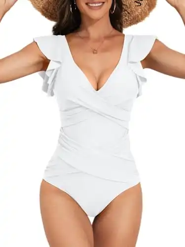 B2prity Women's One Piece Swimsuit Ruffle Slimming Tummy Control Bathing Suit Criss Cross High Waist 1 Piece Swimwear White
