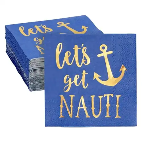 Juvale 50 Pack Blue Nautical Napkins for Let's Get Nauti Bachelorette Party Decorations, Gold Foil Anchor (5 x 5 In)