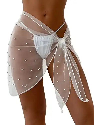 GORGLITTER Women's Faux Pearl Cover Up Sarong Sheer Mesh Swimsuit Cover Up Beach Bathing Suit Wrap Skirt White One Size