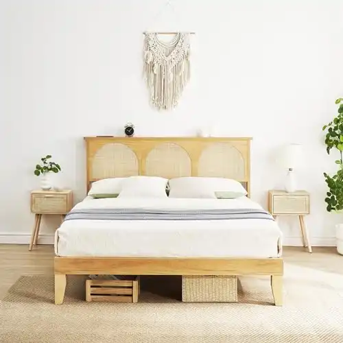 IDEALHOUSE Queen Size Bed Frame,Curved Cane Headboard and Wooden Support Legs,Solid Wood Platform Bed Frame with LED Lights,Noise Free,No Spring Box Needed,Natural Color