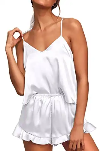 CHYRII Women's Sexy Cami Pajamas Sets Silk 2 PCS Lounge Sets with Ruffled Shorts Sleepwear White S