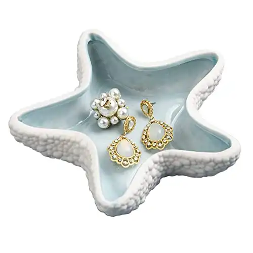 Linfye Starfish Jewelry Dish Tray Ceramic Jewelry Holder Ring Dish Trinket Tray Ceramics Tray Jewelry Dish Ocean Style Trinket Tray Dish Holder Earrings Candy Storage Holder Table Decoration Supplies