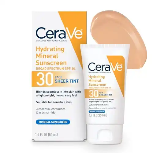 CeraVe Hydrating Mineral Sunscreen with Sheer Tint | Tinted Mineral Sunscreen with Zinc Oxide & Titanium Dioxide | Blends Seamlessly For Healthy Glow | Tinted Moisturizer with SPF 30 | 1.7 Fluid O...