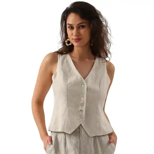 Amazhiyu Womens Pure Linen Sleeveless Button Down Crop Top V Neck Waistcoat Vest Flax, Small