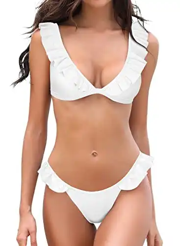 SHEKINI Women's Bathing Suits Ruffles Flounce Bikini Sets Low Rise Two Piece Swimsuit(Venice White, Large)
