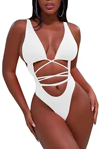 Sovoyontee 2024 Women's White High Cut One Piece Bathing Suit String Thong Bikini Swimsuit Monokini M