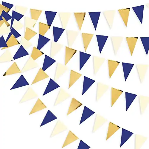 30Ft Navy Blue Gold and Beige Party Decorations Royal Blue Gold Triangle Flag Pennant Banner Bunting for Graduation Birthday Wedding Bridal Shower Nautical Ahoy Achor Theme Party Decorations Supplies