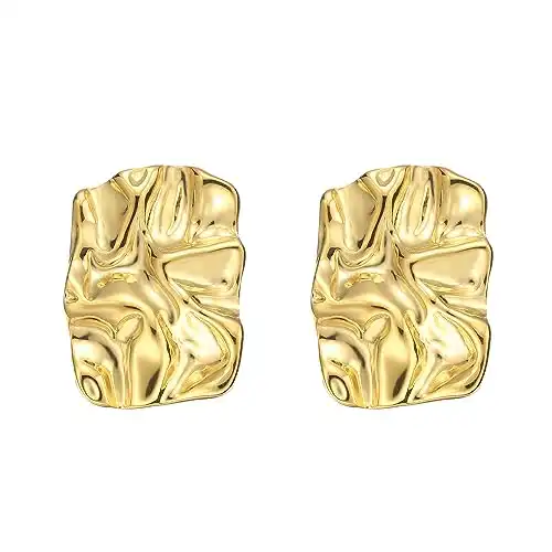 ENVYOU Geometric Rectangle Gold Stud Earrings Minimalist Irregular Hammered Chunky Statement Square Earrings for Women Trendy (Gold Rectangle)