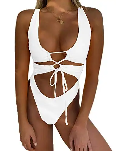 CHYRII Women's White Sexy Cutout Lace Up Backless High Cut One Piece Swimsuit Monokini L