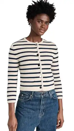 Theory Women's Stripe Cardigan, Cream/Bright Navy, XXS-XS