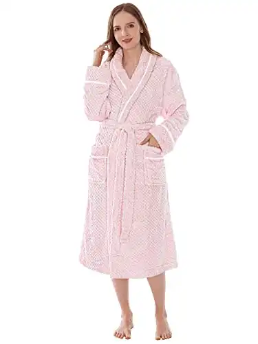PAVILIA Women Plush Fleece Robe, Light Pink Soft Textured Bathrobe, Lady Cozy Spa Long Robe, Fuzzy Satin Waffle Trim, S/M