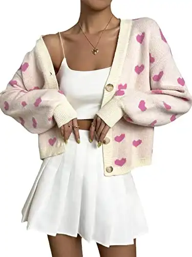 Verdusa Women's Long Sleeve Print Button Front V Neck Knit Sweater Cardigan Light Pink L