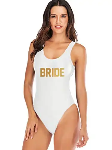 elightvap Women's Bride to Be Squad One Piece Letter Print High Cut Monokini Bridesmaid Team Swimsuit, White 1-bride, Medium