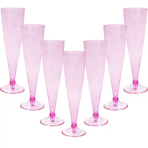 Homy Feel Pink Glitter Plastic Pink Wine Glasses 30 Pack,5 OZ Champagne Flutes Disposable for Party,Plastic Champagne Flutes,Mimosa Bar Glasse for Valentine's day Galentines day Supplies