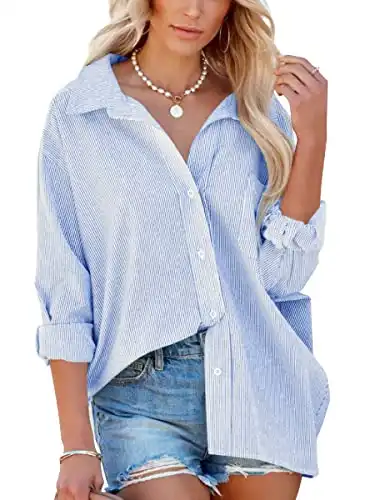 Flowyair Women's Oversized Button Down Shirts Business Casual Long Sleeve Blouse Work Striped Tops Blue