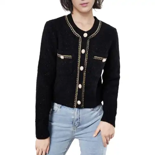 URBAN REVIVO Women's Casual Cardigans Open Front Chunky Short Cardigan Pearl Button Long Sleeved Cropped Sweater Outwear Black, Small